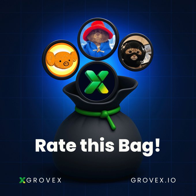 A dark magic bag labeled "Rate this Bag!" features the green Grovex (GRX) logo emerging from it, alongside circular icons representing the meme tokens $MASK, $MOJO, and $BERT. The post invites viewers to rate the crypto bag from 1–10, with Grovex.io branding at the bottom.