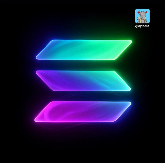 A glowing neon logo featuring three stacked parallelograms in blue, green, and purple with the handle '@kylobtc' in the corner.