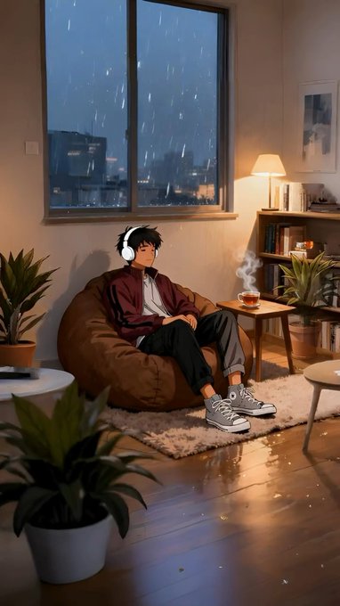 A young man with headphones relaxes in a cozy bean bag chair beside a rain-streaked window, sipping tea with a book by his side—capturing the peaceful "good night" vibe of the post about $ANSEM.