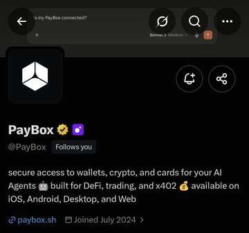A screenshot of the PayBox (@PayBox) Twitter/X profile, showing their bio advertising "secure access to wallets, crypto, and cards for your AI Agents built for DeFi, trading, and x402 available on iOS, Android, Desktop, and Web," with the link paybox.sh. The image relates to the post by illustrating the crypto wallet service that just followed the user, while contrasting with MoonPay (who allegedly blocked them).