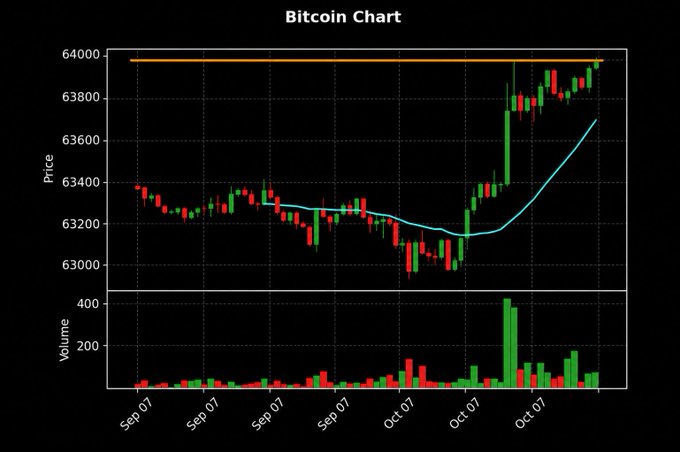 A Bitcoin candlestick chart titled "Bitcoin Chart" shows price action between approximately $62,800 and $64,000 from September 7 to October 7, with a moving average line, an orange resistance line near $63,900, and a volume panel at the bottom highlighting a notable volume spike as BTC tests the $64K resistance level.