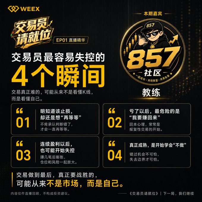 A WEEX promotional graphic in Chinese titled '交易员请就位 EP01 直播精华' featuring '857社区 教练' and listing '4 moments traders are most likely to lose control', with numbered points 01-04 about trading psychology.