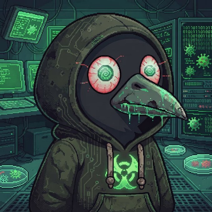 A pixel-art style illustration of a plague doctor figure with glowing green eyes and biohazard symbol on its hoodie, surrounded by green screens displaying code and virus imagery in a dark lab setting.
