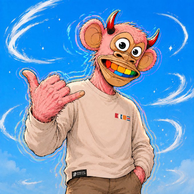 A colorful illustration of a pink furry mascot character with horns and a rainbow-colored smile, wearing a beige long-sleeve shirt with small flag patches, giving a thumbs-up against a blue sky with swirling clouds.