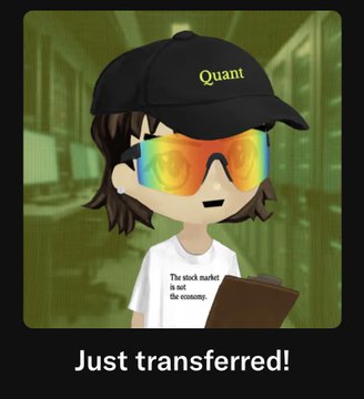 A cartoon character wearing a 'Quant' cap and rainbow sunglasses with a 'Just transferred!' caption below, with the shirt reading 'The stock market is not the economy.'