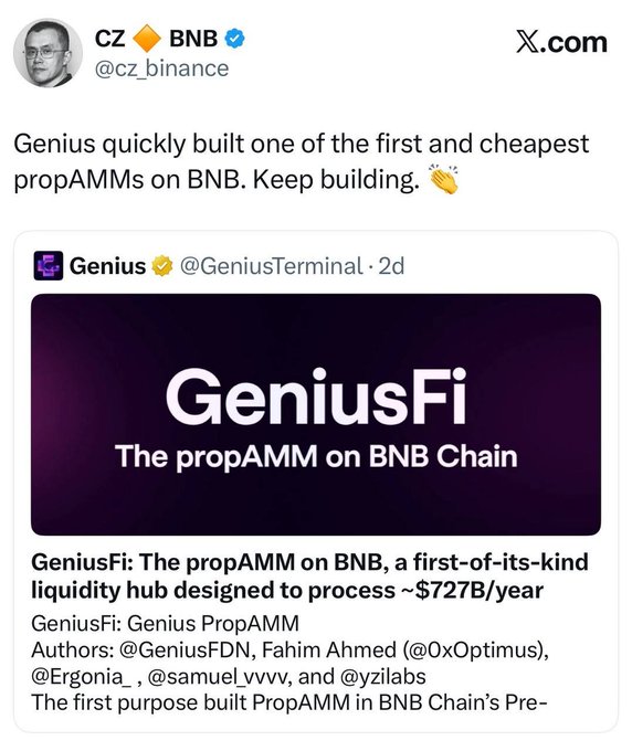 The image features a twitter page where there's a post about the GeniusFi cryptocurrency. The author of the post has used Twitter handles for their names, including '@GeniusOfficial' and one named '@genius_official'. They seem to be promoting or discussing the GeniusesFi cryptocurrency and its potential value. The post includes text that reads: "Here it comes, bros! CZ tweet shilling straight up like this—$GENIUS is pumping like crazy, defying the market that' s drowning in red :)) This gem @GeniusOfficial !"