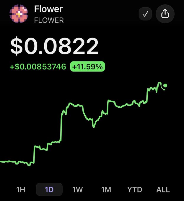 A price chart shows the FLOWER token trading at $0.0822, up $0.00853746 (+11.59%) over 1D, reflecting significant upward movement in the token's price.