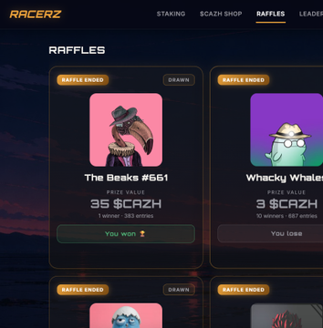 A screenshot from the 'RACEZ' website displaying completed raffles, including 'The Beaks #661' where the user won a 35 $CAZH prize, and 'Whacky Whales' where they lost a 3 $CAZH prize.