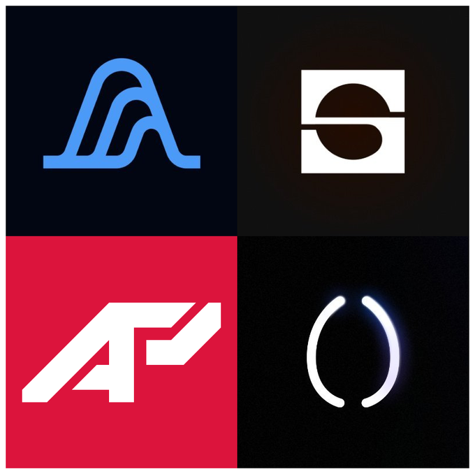 A four-quadrant image displaying stylized logos in blue, black, red, and white on dark backgrounds, representing tech/crypto brand designs.