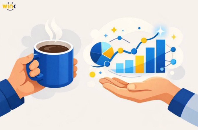 The image shows two hands—one holding a steaming blue coffee mug and the other presenting a cloud containing colorful data visualizations (pie chart, bar graph, and rising trend line)—with the "win" logo in the top-left corner. This visually represents the post's theme: just as a hand offers valuable data analytics alongside a comforting drink, smart contracts need reliable, verifiable external information (oracles) before they can process and act upon it.
