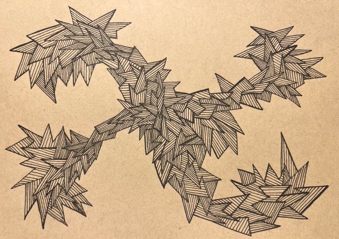 A hand-drawn, abstract geometric sketch composed of dense, intersecting sharp lines on brown paper.