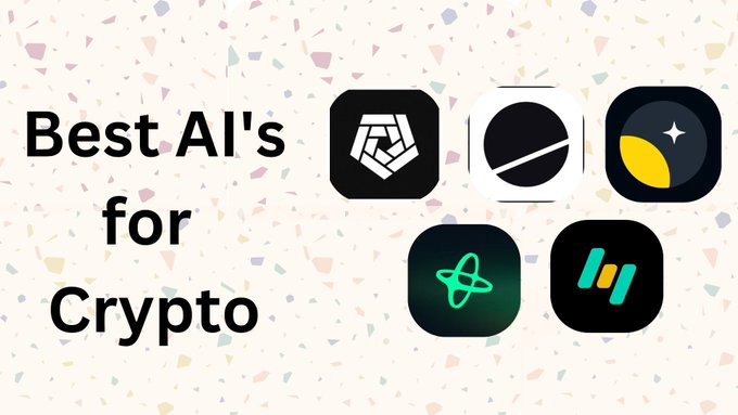 The image features a poster with six different logos, each representing an AI tool or application designed for cryptocurrency trading. The text above the images reads "Best AI's for Crypto" followed by a list of these AI tools, which are arranged in a grid format on the poster. This visual representation helps to highlight and emphasize the various AI solutions available for cryptocurrency trading purposes.
