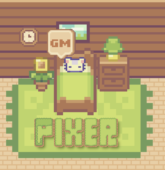 A pixel art image showing a bedroom scene with a bed, nightstand, potted plant, wall clock, and a sleeping cat, with the word "PIXEL" spelled out in grass-textured letters at the bottom.