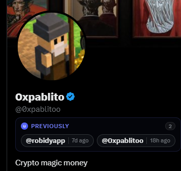 A social media profile screenshot for '0xpablito' (@0xpablitoo) with a Minecraft-style avatar, showing a quote tweet of '@robidyapp' and the text 'Crypto magic money'.