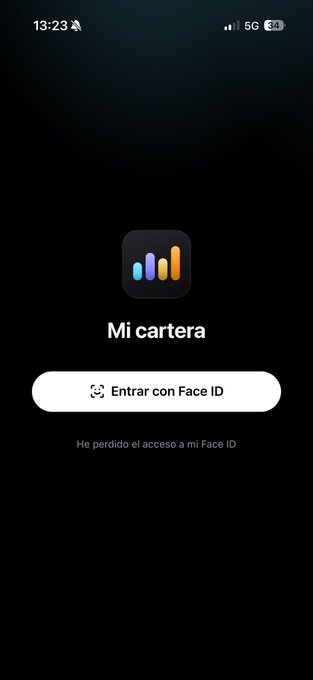 The image shows the login screen of a personal finance app called "Mi cartera" (My Wallet) featuring a Face ID authentication option. The app appears to be a self-created solution for tracking assets spread across various platforms like brokers, banks, exchanges, and cold wallets, addressing the user's need to consolidate their financial information in one place.