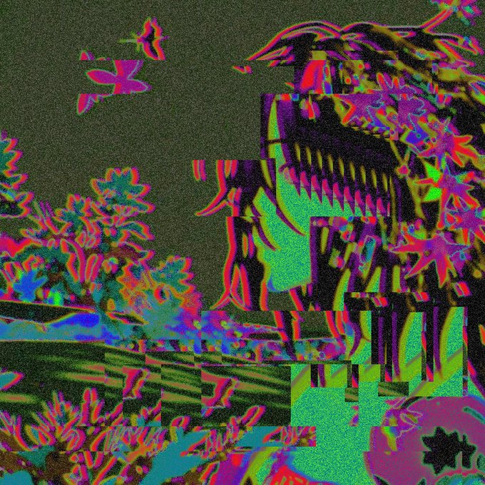 A glitchy, psychedelic digital artwork depicting a dark architectural structure or house surrounded by brightly colored, distorted trees and foliage in neon pinks, greens, and blues.