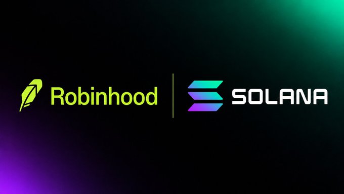 A dark graphic with neon lighting displaying the Robinhood logo alongside the Solana logo and ticker.