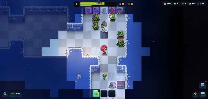 A screenshot of a 2D top-down pixel art game showing a character in a snowy/ice environment surrounded by green goblin-like enemies, with UI elements indicating health (35/412), level 1, and resources like gems.