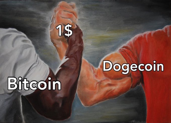 A humorous meme using the 'Epic Handshake' painting to depict 'Bitcoin' (representing $1) arm-wrestling 'Dogecoin' (representing a muscular red arm), playing on their relative values.