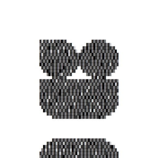 A pixelated, black-and-white graphic resembling a bow tie and collar formed from small textured blocks, set against a plain white background.