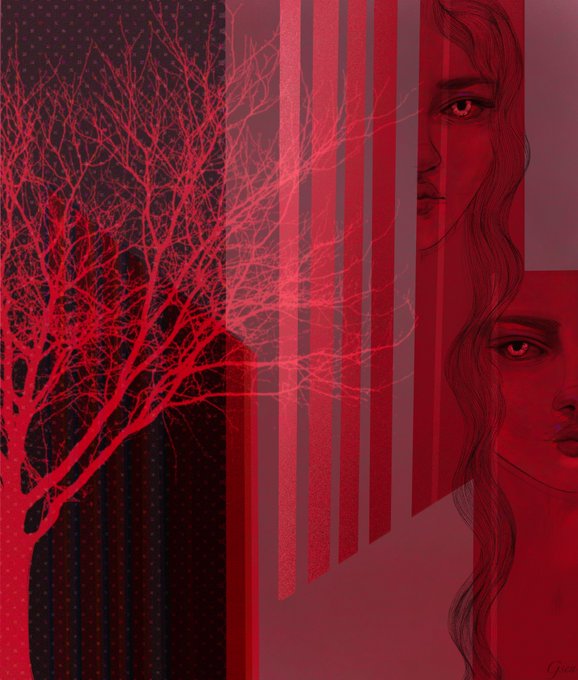 A stylized red and black illustration featuring a leafless red tree alongside two partial portraits of a woman's face.