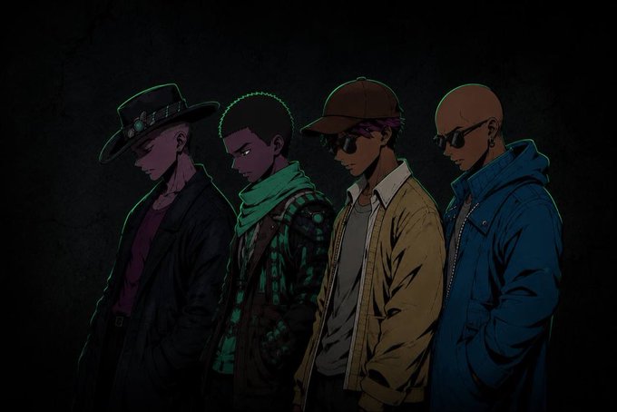 An illustrated graphic featuring four stylized male characters in streetwear outfits with hats and sunglasses, outlined in glowing green against a dark background.