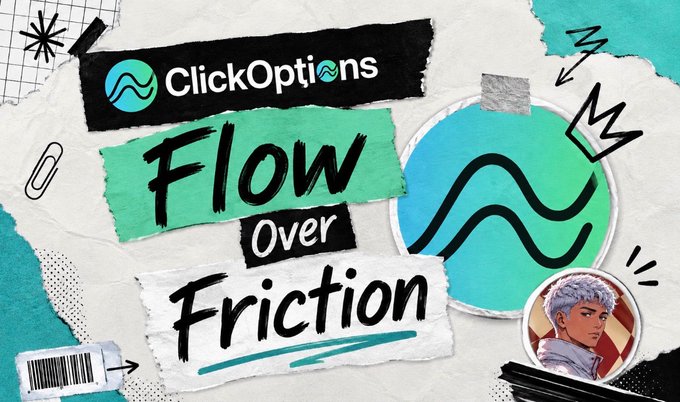 A torn-paper collage-style graphic featuring the ClickOptions logo alongside the bold handwritten phrase "FLOW over FRICTION," with teal and black accents, a stylized wave emblem, and a small illustrated avatar in the corner—visually reinforcing the post's theme of how ClickOptions simplifies crypto options pricing by reducing friction in the process.
