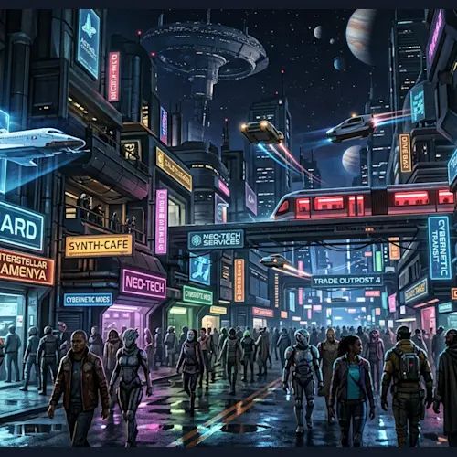 A vibrant cyberpunk cityscape with neon signs reading 'SYNTH-CAFE', 'NEO-TECH SERVICES', and 'CYBERNETIC WINGS', populated by various figures, spaceships, and a planet visible in the sky.