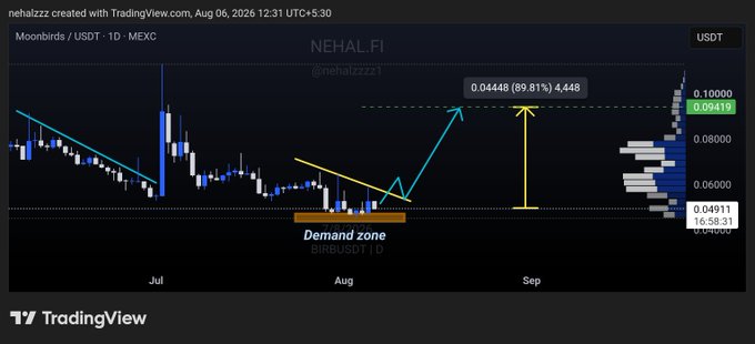 A TradingView chart of NEHALFI/USDT on MEXC shows price consolidating at a labeled "demand zone" near 0.04911, with annotations indicating a projected +89.81% move to a 0.04448 target, aligning with the post's bullish outlook for $BIRB toward the $0.09+ resistance level.