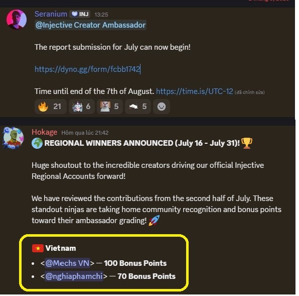 A screenshot of Discord messages from "Seranium" and "Hokage" announcing regional winners for Injective, highlighting Vietnam winners "@Mechs VN" and "@nghiaphamchi" with bonus points in a yellow box.