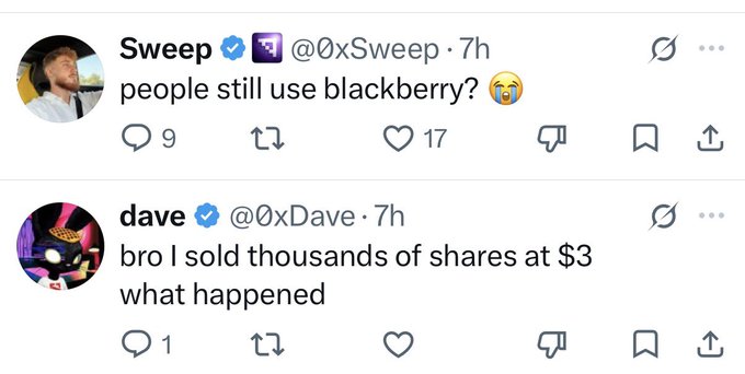 A screenshot of a Twitter exchange where user @0xSweep jokes "people still use blackberry?" with a crying emoji, and @0xDave replies "bro I sold thousands of shares at $3 what happened," capturing the frustration of a BlackBerry ($BB) shareholder watching the stock decline.