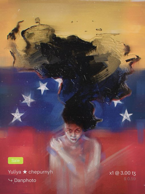 A digital art piece titled 'Yuliya ★ chepurnyh' priced at 3.00 ₸ features a painted figure with a large, dark afro against a background reminiscent of a flag with stars, marked with a 'Sale' tag.