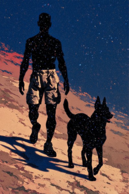 A stylized illustration of a man walking with his dog, both silhouetted against a starry cosmic sky on a pinkish terrain.