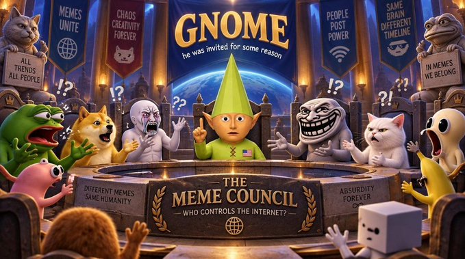 A wide-eyed gnome in a green pointy hat stands center stage as the "GNOME he was invited for some reason," surrounded by an array of popular meme characters—including Doge, Pepe, Trollface, Smug Cat, and Shrek—at "THE MEME COUNCIL WHO CONTROLS THE INTERNET?" The scene humorously frames the $NASDANQ token announcement by suggesting that the migration to V2 will be decided by the chaotic, all-powerful council of internet meme lords.