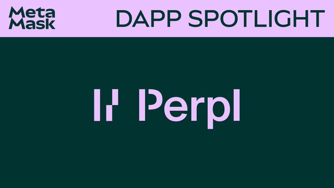 This image is a "DAPP SPOTLIGHT" for Perpl, a gas-free trading platform on the purple chain, presented by MetaMask. The image displays the "MetaMask" logo and the name "Perpl".