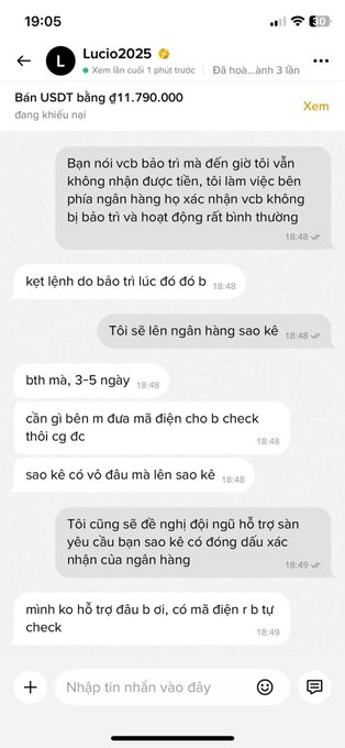 A screenshot of a Vietnamese chat conversation on Telegram with a contact named 'Lucio2025', discussing a bank transfer of 11,790,000 USDT and issues with the recipient's bank account being locked.