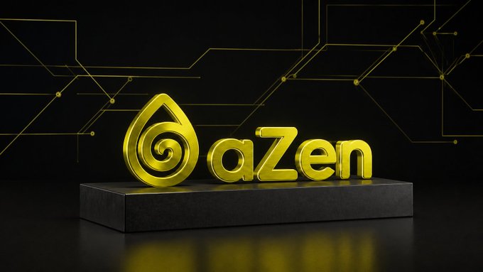 The image features the gold "azen" logo and stylized droplet icon displayed on a dark pedestal against a black background with glowing yellow circuit-board lines, visually reinforcing the post's theme of a decentralized, tech-driven future powered by DePIN and AI.