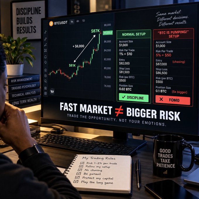 A person sits at a desk viewing a trading chart on a monitor comparing a 'NORMAL SETUP' (marked 'DISCIPLINE') with a 'BTC IS PUMPING!! SETUP' (marked 'FOMO'), with text 'FAST MARKET ≠ BIGGER RISK' and a notebook titled 'My Trading Rules'.