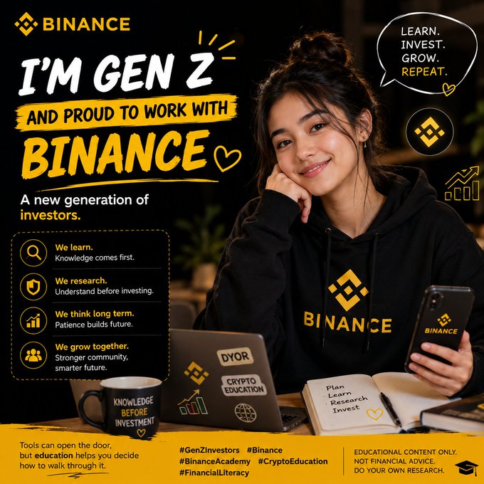 A smiling young woman in a Binance-branded black hoodie sits at a desk with a laptop, phone, and notebook labeled "Plan - Learn - Research - Invest," beside the text "I'M GEN Z AND PROUD TO WORK WITH BINANCE" and the tagline "A new generation of investors." The image reinforces the post's message about Gen Z combining access to financial tools with the importance of education and research before investing.
