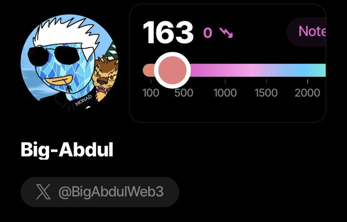 A profile card for "Big-Abdul" (@BigAbdulWeb3) displays a Sorsa score of 163 with a pink-and-blue progress bar set between the 100 and 500 marks, visually illustrating the user's mid-tier rating. The image relates to the post by highlighting exactly the score the user is asking about increasing.