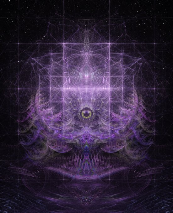 A symmetrical, fractal-style digital artwork in purple and black featuring geometric patterns, glowing lines, and a central eye-like orb.