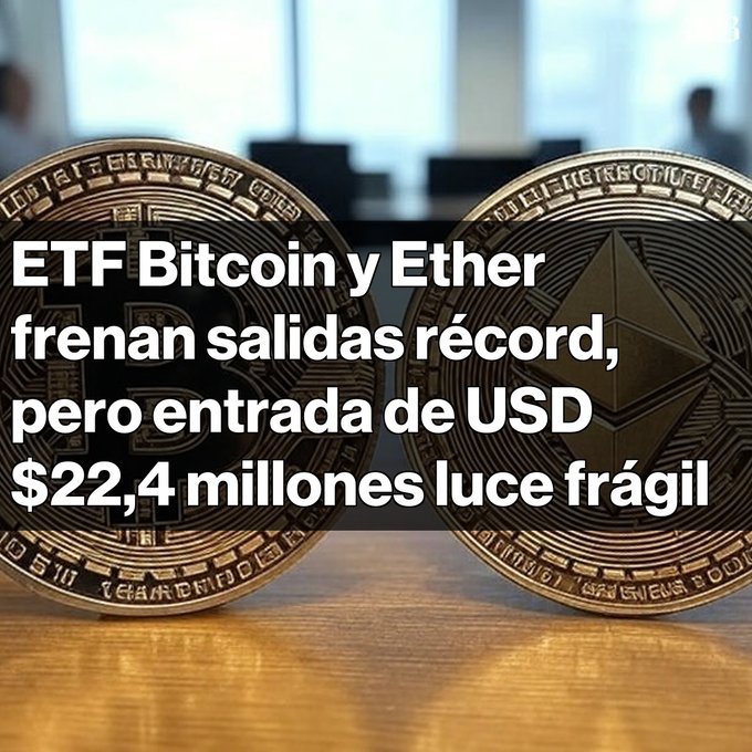 The image features two silver Bitcoins placed next to each other on a wooden surface. The text below the coins explains that these Bitcoins are part of an ETF Bitcoin fund, which has raised $22.4 million from investors. The ETF holds both Bitcoin coins in its portfolio, and there is one per dollar invested. The post also mentions that it was created by someone who may be associated with BlackRock or cryptocurrency markets.