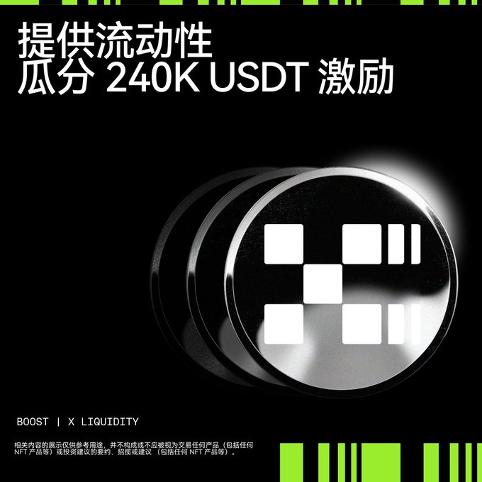 A promotional graphic in Chinese advertising a 240K USDT liquidity provision incentive ('提供流动性 瓜分 240K USDT 激励') with a metallic coin/token featuring square cutouts, branded 'BOOST | X | LIQUIDITY'.