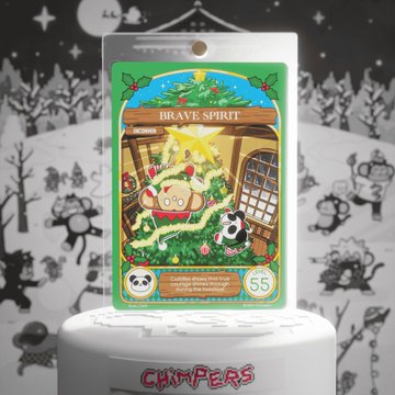 A 'BRAVE SPIRIT' collectible card from the Chimpers NFT collection, depicting a cartoon character wrapped in Christmas lights beside a fireplace.