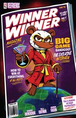 A mock magazine cover titled 'WINNER WINNER' featuring a bear character in a red robe holding a martini glass, with text 'BIG BEAR HANDBOOK THE EXCLUSIVE HANDBOOK' and 'HOW TO WIN AT EVERYTHING AT ALL COSTS'.