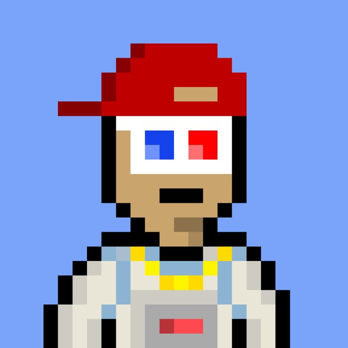 A pixel art portrait of a character wearing a red cap and 3D glasses (one blue, one red), with a racing-themed outfit, on a blue background.