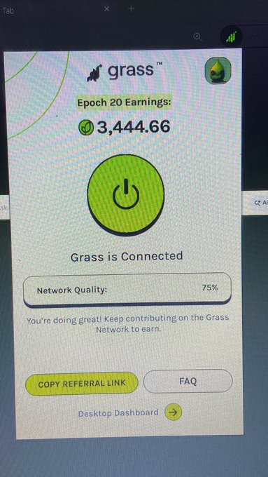 Screenshot of the Grass app dashboard showing Epoch 20 Earnings of 3,444.66 points, a green power button indicating 'Grass is Connected,' Network Quality at 75%, and options to copy referral link, view FAQ, or access Desktop Dashboard.