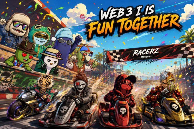 A vibrant Web3 promotional image captioned 'WEB3 IS FUN TOGETHER' featuring the 'RACERZ TEAM' with cartoon characters and masked figures racing go-karts in a stadium setting with confetti and fireworks.