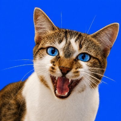 A tabby and white cat with striking blue eyes is captured mid-meow against a bright blue background, its mouth wide open and whiskers flared, perfectly illustrating the playful "Miao" greeting in the post to @grok.