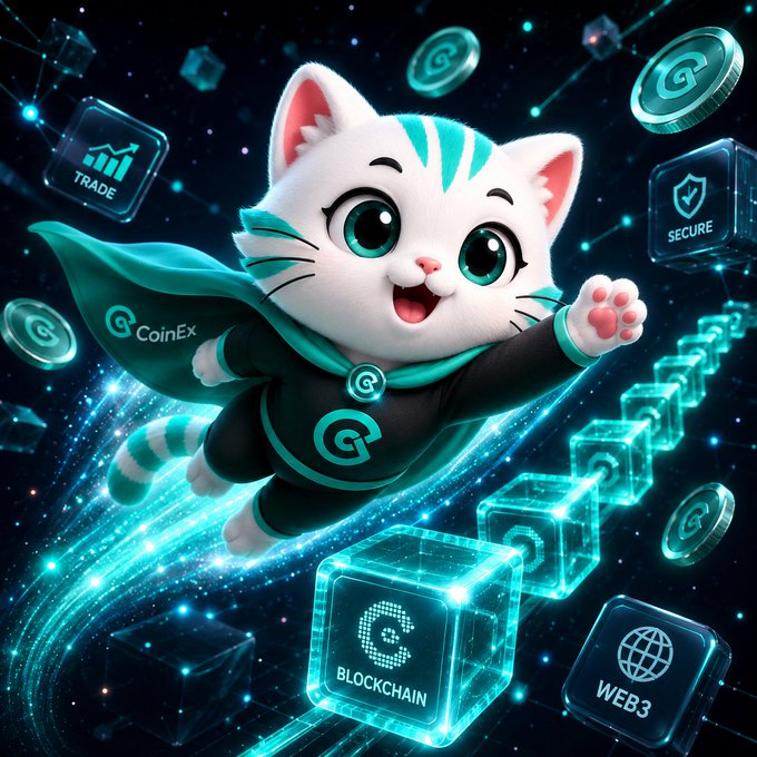 A 3D-rendered white cat mascot wearing a CoinEx-branded outfit, floating among glowing blockchain cubes labeled 'TRADE', 'SECURE', 'BLOCKCHAIN', and 'WEB3'.